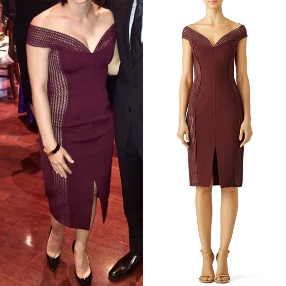 NICHOLAS Dresses & Skirts - Nicholas Burgundy Net Off Shoulder BandageDress